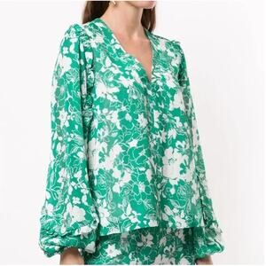 Alexis Idir Floral Blouson Sleeve Ruffle Boho Blouse Top Green White Women's L